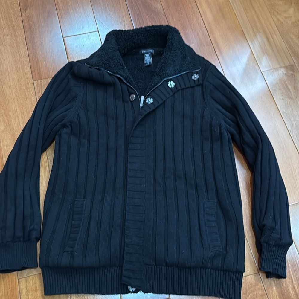 Structure Vintage Black High Neck Fleece Quilted lined Knit Cardigan‎ size XXL